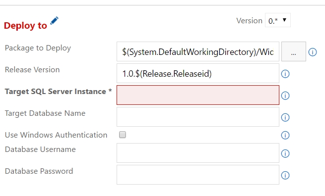 In the Deploy to pane, in the Release Version field, the 1.0$(Release.Releaseid) version is entered.